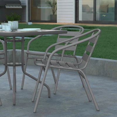 Emma And Oliver 31.5'' Square Glass Top Metal Table With 4 Aluminum Slat Stack Chairs 5 Emma And Oliver 31.5'' Square Glass Top Metal Table With 4 Aluminum Slat Stack Chairs - Image 5