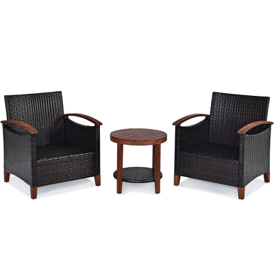 Costway 3PCS Patio Rattan Furniture Set Wooden Frame Cushion Table Shelf RedBeigeBlue 7 Costway 3PCS Patio Rattan Furniture Set Wooden Frame Cushion Table Shelf RedBeigeBlue - Image 7