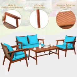 Costway 8PCS Patio Rattan Furniture Set Acacia Wood Frame Cushioned Sofa Chair Turquoise -Outdoor Comfort Deals Store GUEST 022d845a 89e7 493a 8443 e199beb81fef