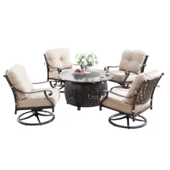 Oakland Living 5pc Deep Seating Swivel Aluminum Outdoor Patio Fire Pit Dining Set With Round Fire Table Copper