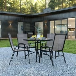 Flash Furniture 5 Piece Outdoor Patio Dining Set - Tempered Glass Patio Table, 4 Flex Comfort Stack Chairs