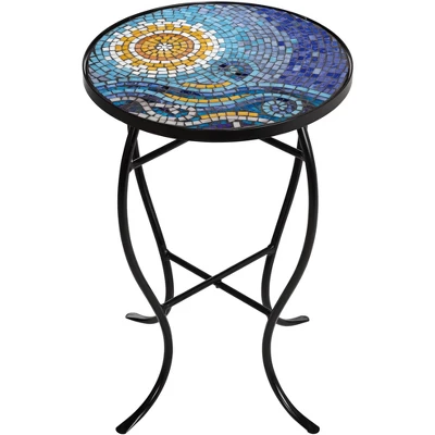 Teal Island Designs Modern Black Round Outdoor Accent Side Tables 14" Wide Set Of 2 Blue Mosaic Tabletop For Front Porch Patio Home House 3 Teal Island Designs Modern Black Round Outdoor Accent Side Tables 14" Wide Set Of 2 Blue Mosaic Tabletop For Front Porch Patio Home House - Image 3
