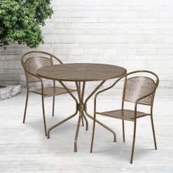 Outdoor Comfort Deals Store 23 Emma And Oliver Commercial Grade 35.25" Round Gold Patio Table Set-2 Round Back Chairs
