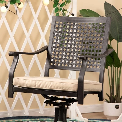 7pc Outdoor Dining Set With Swivel Chairs With Cushions & Faux Wood Table With Umbrella Hole - Captiva Designs 12 7pc Outdoor Dining Set With Swivel Chairs With Cushions & Faux Wood Table With Umbrella Hole - Captiva Designs - Image 12