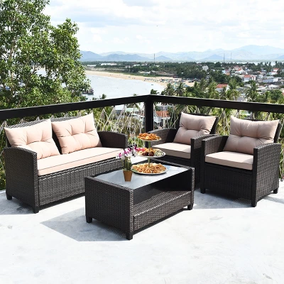 Costway 4PCS Outdoor Rattan Furniture Set Cushioned Sofa Armrest Table 2 Costway 4PCS Outdoor Rattan Furniture Set Cushioned Sofa Armrest Table - Image 2