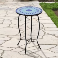 Northlight 19" Blue Sun Mosaic Glass Patio Side Table