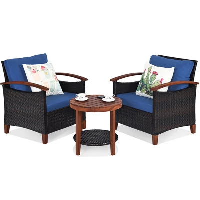 Costway 3PCS Patio Rattan Furniture Set Wooden Frame Cushion Table Shelf RedBeigeBlue 6 Costway 3PCS Patio Rattan Furniture Set Wooden Frame Cushion Table Shelf RedBeigeBlue - Image 6