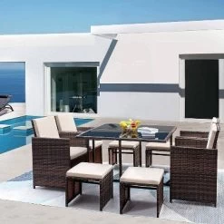 9pc Outdoor Conversation Set With Tempered Glass Table, Cushioned Chairs & Ottomans - Devoko -Outdoor Comfort Deals Store GUEST 086b3cfc c520 474d 8eb7 8f82dc688896