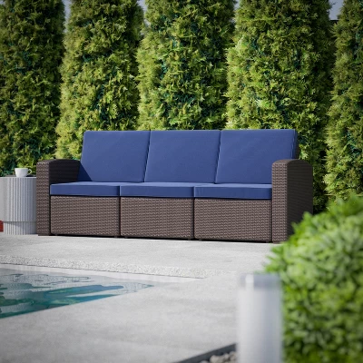 Flash Furniture Seneca Faux Rattan Sofa With All-Weather Cushions 1 Flash Furniture Seneca Faux Rattan Sofa With All-Weather Cushions