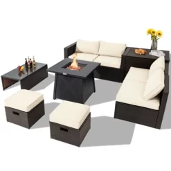 Tangkula 9PCS Outdoor Patio Furniture Set With 30" Propane Fire Pit Table PE Wicker Space-Saving Sectional Sofa Set W/ Storage Box & Cushions -Outdoor Comfort Deals Store GUEST 0976d6b2 2502 4893 bd81 821c6d21a2e6
