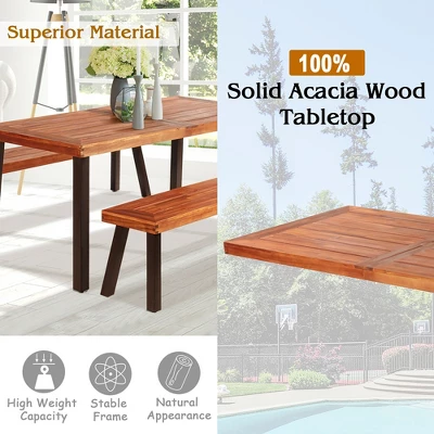 Costway 3 Pieces Picnic Table Set Acacia Wood Table Bench With Steel Legs Outdoor Patio 4 Costway 3 Pieces Picnic Table Set Acacia Wood Table Bench With Steel Legs Outdoor Patio - Image 4