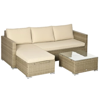 Outsunny 3 Piece Patio Furniture Set, Rattan Outdoor Sofa Set With Chaise Lounge & Loveseat, Soft Cushions, Storage, Table, Sectional Couch, Khaki 2 Outsunny 3 Piece Patio Furniture Set, Rattan Outdoor Sofa Set With Chaise Lounge & Loveseat, Soft Cushions, Storage, Table, Sectional Couch, Khaki - Image 2