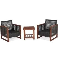 Tangkula 3PCS Patio Rattan Bistro Set Acacia Wood Frame Cushioned Sofa And Side Table -Outdoor Comfort Deals Store GUEST 1691f798 380a 4652 a723 70949ca24cf7