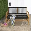 Tangkula 2-Person Outdoor Acacia Wood Bench Patio Loveseat Rope Bench Turquoise/Black