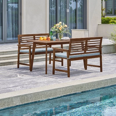 3pc Farmhouse Slatted Eucalyptus Wood Patio Dining Set With Benches - Vifah 1 3pc Farmhouse Slatted Eucalyptus Wood Patio Dining Set With Benches - Vifah