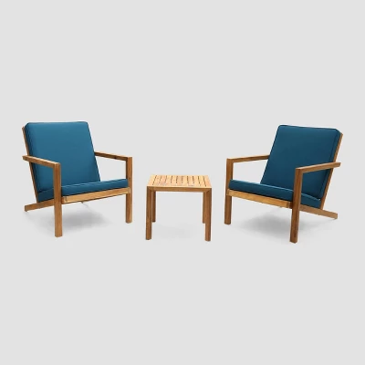 Leah 3pc Acacia Wood Chat Set - Brown/Dark Teal - Christopher Knight Home 1 Leah 3pc Acacia Wood Chat Set - Brown/Dark Teal - Christopher Knight Home