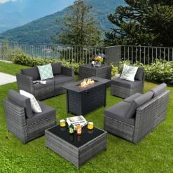 Tangkula 9 PCS Rattan Dinning Set Wicker Sofa W/Propane Gas Fire Pit 60,000 Btu Heater -Outdoor Comfort Deals Store GUEST 1d2b6e79 7ced 4b4b 8520 6a39d0d9364d