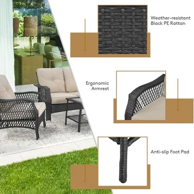 Costway 4PCS Patio Wicker Furniture Set Loveseat Sofa Coffee Table W/ Cushion 8 Costway 4PCS Patio Wicker Furniture Set Loveseat Sofa Coffee Table W/ Cushion - Image 8