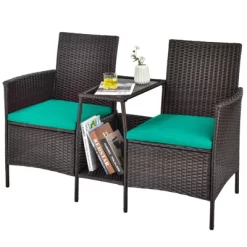 Tangkula Patio Loveseat 2 Person Cushioned Seats With Center Table Outdoor Rattan Furniture Set Turquoise/ Red -Outdoor Comfort Deals Store GUEST 1dca8134 2cc8 4caf 8d7f 545fac7ad773