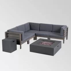 Oana 7pc Acacia V-Shaped Sectional Sofa With Fire Pit Set - Gray/Dark Gray - Christopher Knight Home