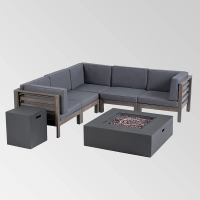 Oana 7pc Acacia V-Shaped Sectional Sofa With Fire Pit Set - Gray/Dark Gray - Christopher Knight Home 1 Oana 7pc Acacia V-Shaped Sectional Sofa With Fire Pit Set - Gray/Dark Gray - Christopher Knight Home