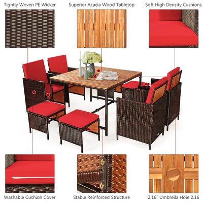 Costway 9PCS Patio Rattan Dining Set Cushioned Chairs Ottoman Wood Table Top WhiteRed 7 Costway 9PCS Patio Rattan Dining Set Cushioned Chairs Ottoman Wood Table Top WhiteRed - Image 7