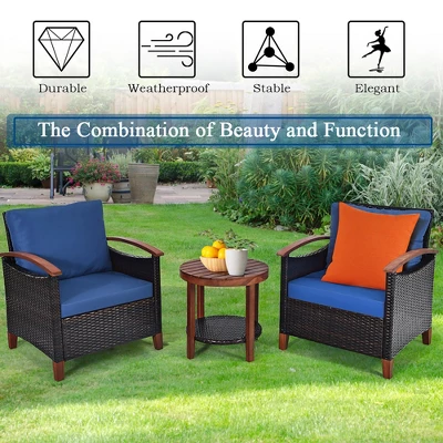 Costway 3PCS Patio Rattan Furniture Set Wooden Frame Cushion Table Shelf RedBeigeBlue 2 Costway 3PCS Patio Rattan Furniture Set Wooden Frame Cushion Table Shelf RedBeigeBlue - Image 2