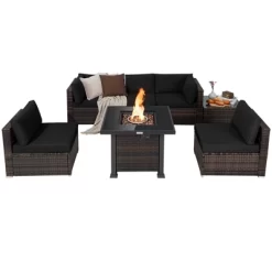 Tangkula Patio Rattan 7PCS Cushioned Chair Set Furniture Set Thick Cushion W/ 50,000 BTU Propane Fire Pit Table For Garden Black/Navy/Red/Turquoise/Off White -Outdoor Comfort Deals Store GUEST 2588baa1 d80e 4f2d 9c5a 715de2f596c1