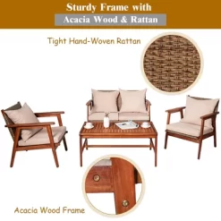 Costway 4PCS Patio Rattan Furniture Set Acacia Wood Frame Cushioned Sofa Chair Garden -Outdoor Comfort Deals Store GUEST 29180f84 8bf0 48de 88d9 84a15f0c7c16