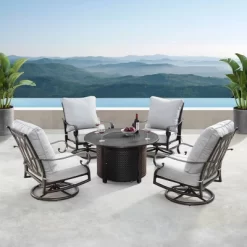 5pc Outdoor Dining Set With 44" Round Fire Table, 4 Deep Seating Swivel Rocking Chairs & Table Fabric Covers - Gray/Copper - Oakland Living
