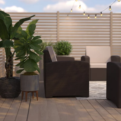 Merrick Lane Outdoor Furniture Resin Sofa Chocolate Brown Faux Rattan Wicker Pattern Patio 3-Seat Sofa With All-Weather Beige Cushions 5 Merrick Lane Outdoor Furniture Resin Sofa Chocolate Brown Faux Rattan Wicker Pattern Patio 3-Seat Sofa With All-Weather Beige Cushions - Image 5