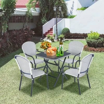 Tangkula 5PCS Rattan Patio Dining Set All Weather Square Folding Table & 4 Stackable Chairs Set W/Tempered Glass Tabletop 1 Tangkula 5PCS Rattan Patio Dining Set All Weather Square Folding Table & 4 Stackable Chairs Set W/Tempered Glass Tabletop