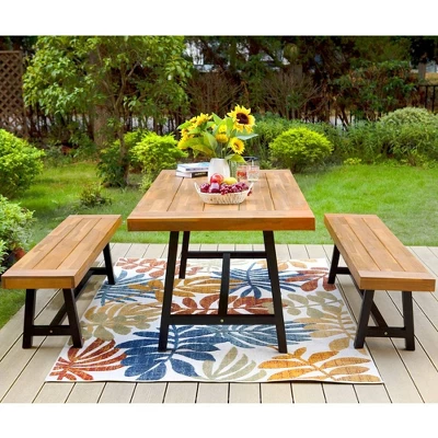 3pc Acacia Patio Dining Set With 2 Benches - Teak - Captiva Designs 2 3pc Acacia Patio Dining Set With 2 Benches - Teak - Captiva Designs - Image 2