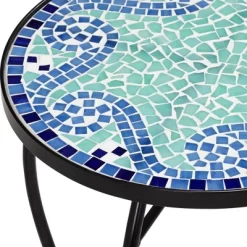 Teal Island Designs Black Round Outdoor Accent Side Tables 14" Wide Set Of 2 Blue Wave Mosaic Tabletop Front Porch Patio Home House