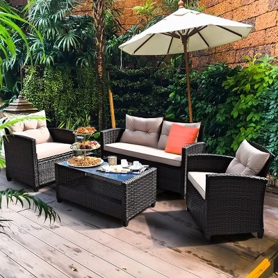 Costway 4PCS Outdoor Rattan Furniture Set Cushioned Sofa Armrest Table 1 Costway 4PCS Outdoor Rattan Furniture Set Cushioned Sofa Armrest Table