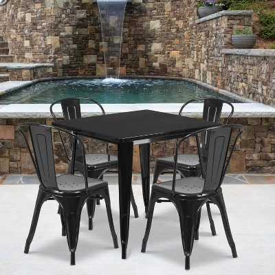 Flash Furniture Commercial Grade 31.5" Square Metal Indoor-Outdoor Table Set With 4 Stack Chairs 1 Flash Furniture Commercial Grade 31.5" Square Metal Indoor-Outdoor Table Set With 4 Stack Chairs