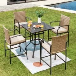 Costway 5PCS Outdoor Bistro Set Rattan Bar Stool Table Set With Cushions Steel Frame