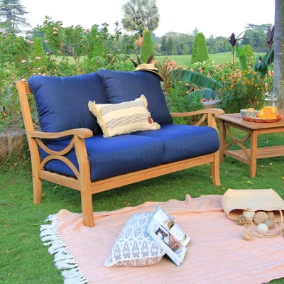Abbington Teak Patio Loveseat With Cushion - Navy - Cambridge Casual 2 Abbington Teak Patio Loveseat With Cushion - Navy - Cambridge Casual - Image 2