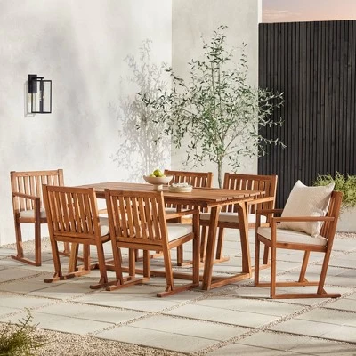 Saracina Home 7pc Modern Slatted Acacia Outdoor Dining Set With Trapezoid Legs 1 Saracina Home 7pc Modern Slatted Acacia Outdoor Dining Set With Trapezoid Legs