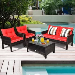 Costway 4PCS Patio Rattan Furniture Set Loveseat Sofa Coffee Table Garden W/Red Cushion -Outdoor Comfort Deals Store GUEST 3f1f67e8 4102 421c b8b8 f5f5b6bc9a2d