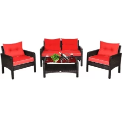 Costway 4PCS Patio Rattan Furniture Set Loveseat Sofa Coffee Table Garden W/Red Cushion -Outdoor Comfort Deals Store GUEST 41a67c4b 7a60 422b 9f17 6589effc3c14