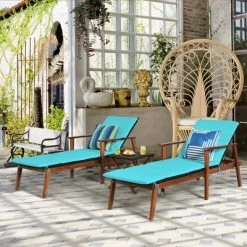 Costway 3PCS Patio Rattan Lounge Chair Folding Table Set Chaise Wood Cushioned WhiteTurquoise -Outdoor Comfort Deals Store GUEST 448b5af0 8676 4e88 9c19 c63e2bb50251