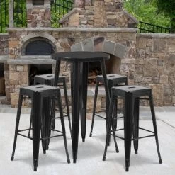 Outdoor Comfort Deals Store 21 Flash Furniture Commercial Grade 24" Round Metal Indoor-Outdoor Bar Table Set With 4 Square Seat Backless Stools