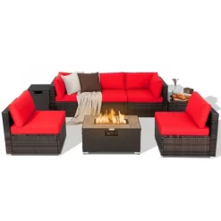 Costway 8PCS Patio Rattan Furniture Set Fire Pit Table Tank Holder Cover Deck Off White/Black/Navy/Red/Turquoise -Outdoor Comfort Deals Store GUEST 469d391d 0e8f 4abb 913f bdf05278ae6a