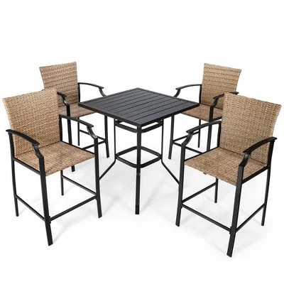 Costway 5PCS Outdoor Bistro Set Rattan Bar Stool Table Set With Cushions Steel Frame 2 Costway 5PCS Outdoor Bistro Set Rattan Bar Stool Table Set With Cushions Steel Frame - Image 2