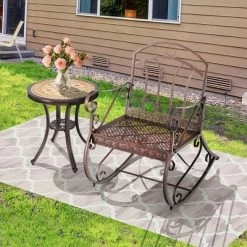 Costway Patio Rocking Chair Art Scroll Rocker Backrest Armrests Antique Copper Backyard