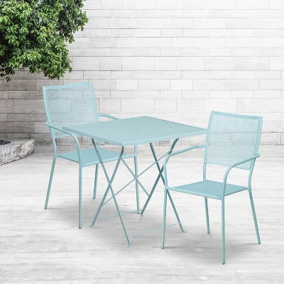 Emma And Oliver Commercial 28" Square Metal Folding Patio Table Set W/ 2 Square Back Chairs 1 Emma And Oliver Commercial 28" Square Metal Folding Patio Table Set W/ 2 Square Back Chairs