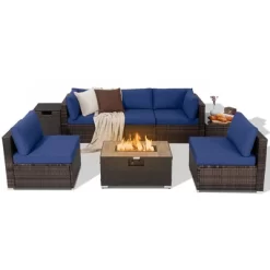 Costway 8PCS Patio Rattan Furniture Set Fire Pit Table Tank Holder Cover Deck Off White/Black/Navy/Red/Turquoise -Outdoor Comfort Deals Store GUEST 49b88d23 d9e0 465a 9fc1 007877eb6298
