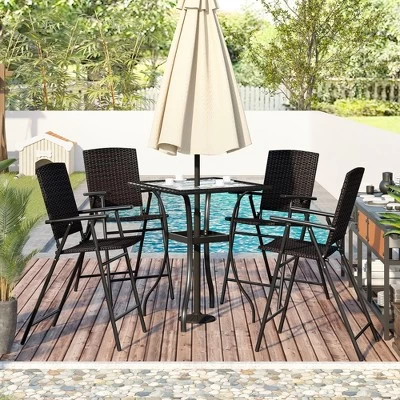 5-Piece Patio Rattan Dining Table Set , Counter Height PE Wicker Dining Table Set With Umbrella Hole And 4 Foldable Chairs, Brown-ModernLuxe 1 5-Piece Patio Rattan Dining Table Set , Counter Height PE Wicker Dining Table Set With Umbrella Hole And 4 Foldable Chairs, Brown-ModernLuxe