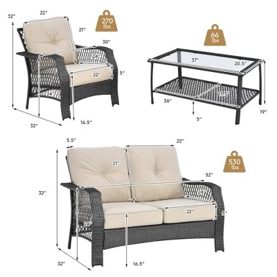 Costway 4PCS Patio Wicker Furniture Set Loveseat Sofa Coffee Table W/ Cushion 2 Costway 4PCS Patio Wicker Furniture Set Loveseat Sofa Coffee Table W/ Cushion - Image 2